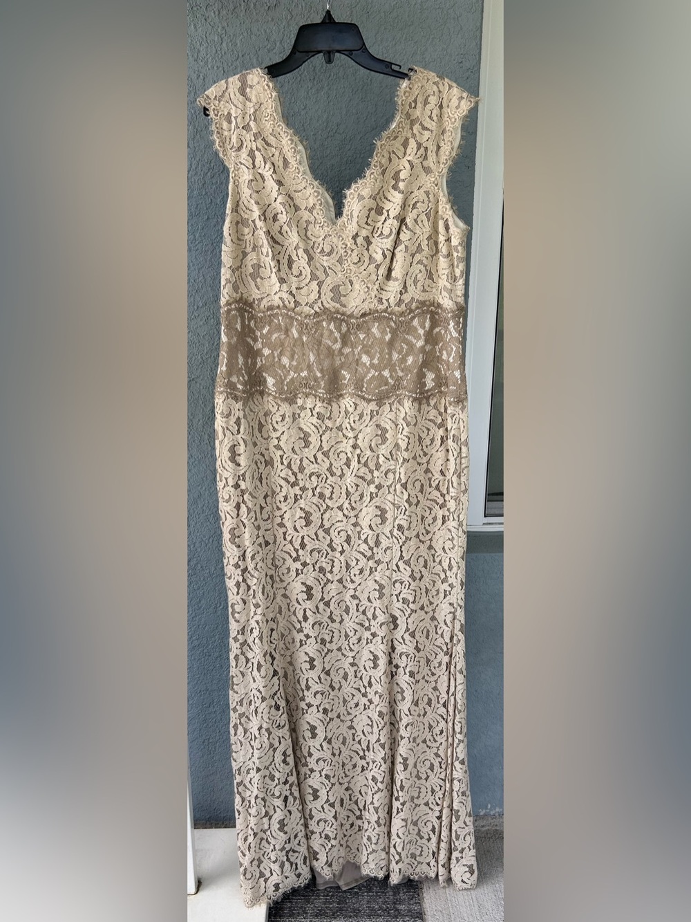 Tadashi Shoji Champagne Lace Evening Gown Maxi Dress Deep V Neck Gala Size 18